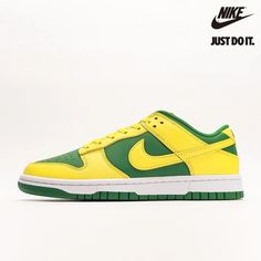 Nike Dunk Low 'Reverse Brazil' DV0833-300-DUNK LOW-The Nike Dunk Low ‘Reverse Brazil’ delivers a color-flipped version of the classic 2001 colorway. The low-profile silhouette dons a two-tone leather upper, featuring a lush Apple Green base with contrasti Nike Dunk Low Brazil Outfit, Classic Green Skate Shoes For Streetwear, Classic Green Skate Shoes For Sports, Casual Yellow Sneakers With Logo, Retro Green Custom Sneakers With Boost Midsole, Retro Green Custom Sneakers With Rubber Sole, Retro Green Skate Shoes For Sports, Retro Green Skate Shoes For Streetwear, Green Throwback Sneakers For Streetwear