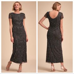 two pictures of a woman wearing a long dress with an open back and short sleeves