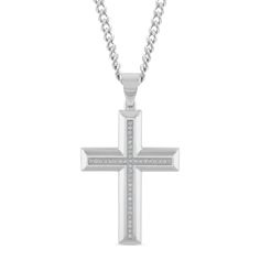 .25ctw white diamond stainless steel cross with chain. White Gold Crucifix Necklace With Vvs Clarity, White Gold Stainless Steel Cross Pendant Necklace, Diamond White Stainless Steel Jewelry With Diamond Accents, White Gold Stainless Steel Cross Necklace, Diamond White Jewelry With Diamond Accents In Stainless Steel, Silver Diamond Crucifix Jewelry, White Gold Jewelry With Diamond Accents In Stainless Steel, Silver Cross Necklace With Cubic Zirconia Diamond Accents, Silver Crucifix Jewelry With Diamond Accents