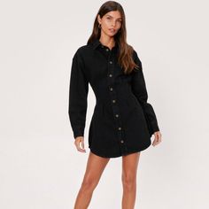 Nwt Long Sleeve Black Denim Dress From Nasty Gal. Pleating Around The Waist Is Super Flattering. Buttons Down The Front And On Cuffs. Never Worn. Black Denim Dress For Fall, Chic Denim Dress With Pockets For Night Out, Black Long Sleeve Denim Dress, Black Knee-length Cotton Denim Dress, Chic Black Knee-length Denim Dress, Black Knee-length Denim Dress For Fall, Fitted Black Shirt Dress With Pockets, Black Long Sleeve Denim Dress For Fall, Casual Black Long Sleeve Denim Dress