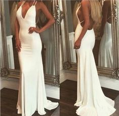 Fitted White Backless Dress For Prom, Backless Prom Dress With Sweep Train, White Backless Gown With Sweep Train, Backless Floor-length Dress With Sweep Train For Prom, White Backless Prom Gown, White Backless Gown For Prom, White Backless Evening Dress For Prom, White Backless Evening Dress For Prom Season, Backless Prom Evening Dress With Sweep Train