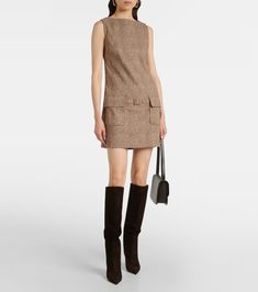 Sheila belted midi dress in neutrals - Staud | Mytheresa Fall Mini Length Belted Dress, Spring Mini Length Belted Dress For Work, Spring Workwear Mini Belted Dress, Spring Mini Belted Dress For Work, Fitted Brown Dress With Belt, Chic Belted Mini Dress For Fall, Chic Mini Length Belted Dress For Fall, Chic Sheath Mini Dress For Work, Sleeveless Beige Belted Midi Dress