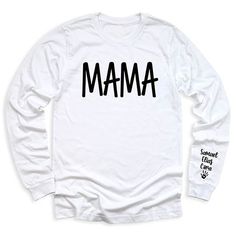 👩💖 Keep your loved ones close with our Mama Shirt personalized with your kid's name! 🌟 Perfect for showing off your mom pride in a stylish way! 😍 Soft Style Solid color: 100% Airlume combed and ring-spun cotton Heather Colors: 52% Airlume Combed and ring-spun cotton, 48% polyester Heather Sport colors: 60/40 polyester/cotton 100% No Sweatshops & Eco-Friendly Production For different Mother's Day t-shirt designs, please take a look at our Mother's Day collection. https://www.greatwoodboutique.com/collections/mothers-day-tee-shirts White Long Sleeve T-shirt For Father's Day, Family Long Sleeve T-shirt For Mother's Day, Long Sleeve T-shirt For Mother's Day Family Event, Long Sleeve T-shirt For Mother's Day, Long Sleeve T-shirt With Letter Print For Father's Day, Long Sleeve Tops With Name Print For Family, Father's Day Long Sleeve Letter Print T-shirt, Father's Day Long Sleeve T-shirt With Letter Print, Funny Long Sleeve T-shirt With Custom Print