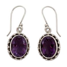 Surrounded by a silver halo amethyst is dazzling. Shanker creates classic earrings with modern Indian styling. .925 Sterling silver Pierced Amethyst Crystal Earrings, Purple Oval Earrings With Gemstone Accents, Oval Amethyst Earrings With Gemstone Accents, Classic Amethyst Drop Earrings Jewelry, Classic Amethyst Drop Earrings, Classic Purple Drop Earrings, Elegant Nickel-free Purple Earrings, Nickel-free Elegant Amethyst Earrings, Classic Purple Gemstone Earrings