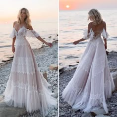 two photos of a woman in a white dress on the beach, one is holding her hand out