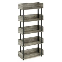 a wooden shelf with metal legs and four shelves on each side, all in grey wood