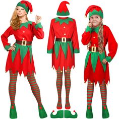 PRICES MAY VARY. Ideal Combination to Meet Your Needs: you will receive 5 pieces of female elf costumes, including 1 piece of dress, 1 piece of hat, 1 piece of belt, 1 pair of shoes, 1 pair of striped stockings, adequate to meet your needs and other requirements Package: we use vacuum packing for our packages; In order for you to better use, it is better to iron before use One Size Fits Most: these Christmas costumes for women are designed in XXX-Large size, suitable for mostly women to wear, an Elf Costume Women, Elf Costumes, Christmas Costumes Women, Dress New Year, Christmas Elf Costume, New Year Outfit, Carnival Dress, Kids Carnival, Santa Dress