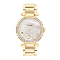 Timeless and elegant, this ladies' Coach Cary gold-toned watch is the style perfect for day or night. White mother-of-pearl dial, gold-toned hands, crystal accents, a floating scatter of iconic Coach charms 34.0mm gold-toned ion-plated stainless steel case with mineral crystal and a crystal-lined bezel Japanese quartz movement Gold-toned stainless steel link bracelet with deployment clasp Water resistant to 30 meters We are an authorized Coach dealer Elegant Gold-tone Watch With Round Dial, Gold Watches With Rotating Bezel, White Gold Watches With Rotating Bezel, Gold Diamond Watch With Rotating Bezel For Anniversary, Gold Watches With Rotating Bezel For Anniversary, Elegant Gold Diamond Watch With Rotating Bezel, Coach Charms, Minerals Crystals, Quartz Movement