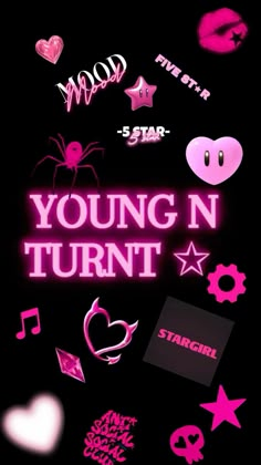 the young n turnt logo is shown with pink and black symbols on it, including hearts