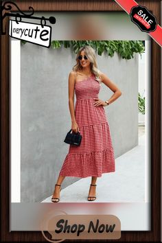 Burgundy Plaid Print Pleated One-shoulder Midi Dress Casual One Shoulder Midi Dress For Summer, Red Strapless Summer Dress, Red Strapless Off-shoulder Dress For Summer, Red One-shoulder Midi Dress For Summer, Red Off-shoulder Midi Dress For Summer, One Shoulder Midi Dress, Plaid Print, Midi Dresses, Women Dresses