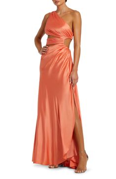 Enchant the masses in this head-turning satin gown topped by a single shoulder and cut from smooth satin that's ready for you to dance the night away. 61" length One-shoulder neck Lined 100% polyester Spot clean Imported Asian Owned/Founded Pleated Gown, Orange Fits, One Shoulder Gown, Mac Duggal, Satin Gown, Wedding Season, Evening Wear, One Shoulder, Cut Out