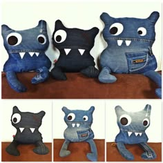 four different images of stuffed animals made out of jeans and denim pants with eyes, mouths and teeth