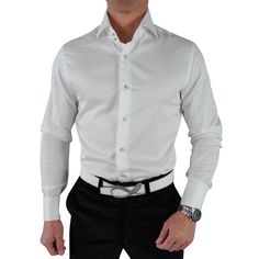 Our signature tuxedo dress shirt is something that has broken the internet. In a world where features like this are only found in custom shirts, we have decided to create a collection that delivers the same value without having to get measured and pay a hefty price. These shirts will give you that bold look! Never worry again about your collar sliding inside your jacket or not being even. No need for collar stays either! You will be addicted to your new shirts! Quality Details: White True to siz Luxury Business Dress Shirt With Button Cuffs, Timeless Fitted Business Tops, Luxury Cotton Dress Shirt For Business, Elegant Slim Fit Cotton Dress Shirt, Luxury Formal Cotton Shirt, Luxury Long Sleeve Formal Shirt, Luxury Cotton Business Dress Shirt, Luxury Cotton Formal Shirt, Business Tuxedo Shirt With Long Sleeves