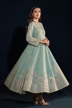 Aqua Blue Embellished Frock Pakistani Party Dress embraces tradition in this aqua-hued kalidar frock jeweled with hand adda embellishments on the bodice. Motif Outfit, Frock Pakistani, Pakistani Kameez, Hanging Tassels, Mustard Orange, Pakistani Party Wear, Western Wear Outfits, Frock Dress, Royal Dresses