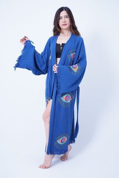 Handmade Evil Eye Boho Festival Kimono, Boho Beachwear, Beachwear Cover Up, Ethnic Kimono, Cardigan, Bathrobe, Morning Robe, Spa Robe - Etsy Bohemian Kimono For Festivals In Relaxed Fit, Bohemian Kimono Relaxed Fit For Festival, Bohemian Style Relaxed Fit Kimono For Festival, Free Size Bohemian Robe For The Beach, Blue Bohemian Robe With Kimono Sleeves, Blue Bohemian Robe For Festivals, Blue Bohemian Wrap Robe, Bohemian Blue Wrap Robe, Long Relaxed Fit Kimono For Festivals