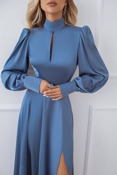 Fabric: High quality faux silk Viscose 35%, Polyester 35%, Cotton 20% Nylon 10% Long sleeve Maxi length High Neck Available colors: Blue, Graphite Colorful Silk Dress, Long Sleeve Light Blue Dress, Long Sleeve Blue Dress, High Neck Long Sleeve Dress, French Clothes, Elegant Silk Dresses, Sateen Dress, Sky Blue Dress, Long Blue Dress