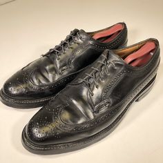 "Excellent overall vintage Condition! Has some light scuffs. These soles rate a 9 on a scale 1-10. Outer heels has some wear. Florsheim Imperial 9.5C Measurements 12 1/2\"from heel to toe( measured against the wall) 4 3/8\"at widest point 1 1/4\" heels Please measure your own pair and compare it to the measurements of the item you are interested in." Vintage Moc Toe Dress Shoes For Semi-formal Occasions, Retro Black Wingtip Oxfords, Vintage Black Oxfords With Almond Toe, Vintage Black Oxfords For Derby, Vintage Oxfords With Rubber Sole For Semi-formal Occasions, Vintage Black Wingtip Dress Shoes, Vintage Black Oxfords For Business, Vintage Black Oxfords For Semi-formal Occasions, Vintage Rubber Sole Oxfords For Semi-formal Occasions