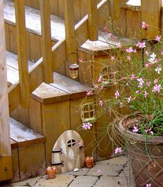 an image of some flowers on the ground next to stairs and potted planters