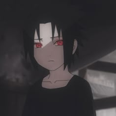 an anime character with red eyes and black hair looking at the camera while staring into the distance