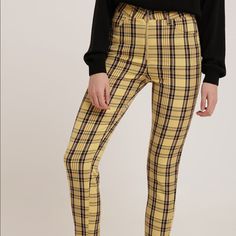 The Cutest Yellow Plaid Pants From Subdued (Like Brandy Melville Or Urban Outfitters). Only Sold In Europe New Never Worn. Completely Sold Out. Would Best Fit A Xs Or Small. #Subdued #Brandymelville #Urbanoutfitters #Brandy #Pacsun #Princesspolly #Vergegirl Trendy Yellow High-waisted Pants, Trendy Yellow Straight Leg Bottoms, Trendy Yellow Straight Leg Pants, Casual High Waist Yellow Bottoms, Trendy Stretch Yellow Bottoms, Yellow Mid-rise Bottoms For Spring, Casual Yellow Ankle-length Bottoms, Casual Yellow Ankle-length Pants, Stretch Yellow High-waisted Pants