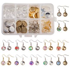 PRICES MAY VARY. ★PACKAGE INCLUDE - 40pcs x 12mm Cabochon Pendant Settings(Silver & Golden & Platium & Antique Bronze); 40pcs x 12mm Clear Glass Cabochons; 40pcs x Earring Wire Hooks; 1pc x Plastic Box. ★DIY 20 PAIRS CABOCHON DANGLE EARRINGS - Great for DIY jewelry making. add a picture or photo you can make 20 pairs photo pendant dangle earrings(5 pairs/color, 4 color). ★MATERIAL - Made of zinc alloy in a silver and gold tone (lead and nickel free) ★CABOCHON EARRING KIT - just add a something u Diy Cabochon Earrings, Plastic Box Diy, Earring Making Tutorials, Aesthetic Earring, Earring Making Ideas, Pendant Settings, Earring Making Supplies, Earring Kit, Cabochon Earrings