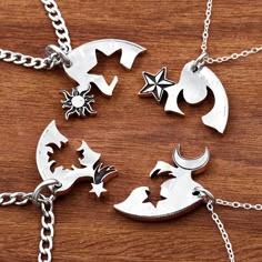 This 4 piece necklace set features a different astronomical body for piece on each necklace. The fine details are engraved, then we hand cut each piece so they all fit together like a puzzle. We made our Interlocking designs because we wanted to create something that unites people. Either friends or family. Each person gets a piece and every time they look at it, they feel the togetherness and friendship. Feel free to message us directly through Etsy for Custom Design possibilities and quotes. 4 Bff Necklaces, Matching Necklaces For 4 Best Friends, Friendship Jewelry For Four, 4 Best Friend Necklaces, 4 Person Friendship Necklace, 4 Friends Necklace, 4 Way Friendship Necklace, Best Friend Bracelets For 4, Matching Bracelets For 4 Best Friends