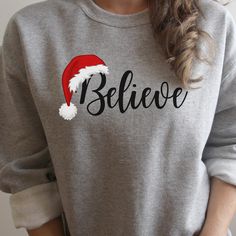 Womens Christmas Pajamas, Believe Christmas, Christmas Party Shirts, Christmas Graphic, Merry Christmas Shirts, Cute Shirt Designs, Holiday Sweatshirt, Family Christmas Shirts, Sweatshirt Christmas