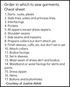 an order in which to sew garments is shown with instructions for how to sew