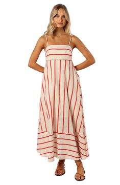 A smocked back shapes this fit-and-flare maxi dress fashioned from airy striped cotton and featuring an Empire waist. Hidden side-zip closure Square neck Adjustable straps Partially lined 100% cotton Hand wash, dry flat Imported Summer Long Dress, A Line Long Dress, Beach Party Dress, Strap Dresses, Beach Maxi Dress, Flowy Maxi Dress, Long Summer Dresses, Straight Neckline, Loose Dress