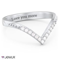 a white gold ring with the words love you more on it and diamonds in the band