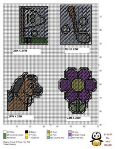 the cross stitch pattern is shown with three different flowers and one has a penguin on it