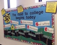 a bulletin board with signs on it that read the road to college and begins today