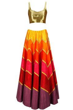 This lehenga is in multicolour panelled raw silk with zig zag gota. Blouse of this lehenga set is in gold colour brocade fabric. Dupatta of this multicolour lehenga sert is in net fabric with gold floral motifs at four sides. Multicolour Lehenga, Kalamkari Designs, Raw Silk Lehenga, Wedding Wardrobe, Desi Wear, Red Lehenga, Gold Blouse, Designer Sarees Online, Indian Couture