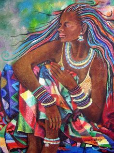 a painting of a woman with dreadlocks sitting on a colorful blanket and holding a baby