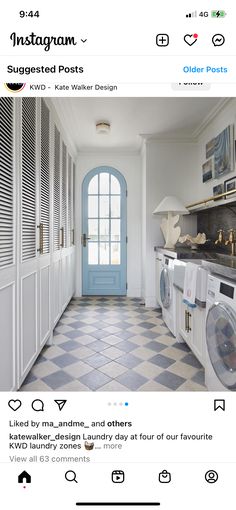 the front page of a magazine with an image of a blue door and white cabinets