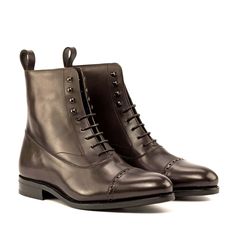 A Balmoral boot is the epitome of a formal boot. With all the sophistication and class of an oxford, the Balmoral boot gains it's inspiration from vintage European styles. Featuring closed channel lacing and a sleek silhouette, Balmoral boots frequently highlight a contrasting upper panel. The Details: *Fast Lane 7 day MTO Materials: dark brown box calf Sole: brown Goodyear leather sole plain Last: Zurigo - Rounded toe for fraditional English Look What is Fast Lane? Fast lane is our new experime Men Dress Boots, Balmoral Boots, Jodhpur Boots, Mens Dress Boots, Brogue Boots, Custom Made Shoes, Vintage European, Old Shoes, Brown Box