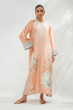 Yema (A) Silk Dress With Embroidered Neckline In Straight Kurta Style, Spring Designer Dresses With Embroidery, Spring Silk Kurta With Embroidered Neckline, Bohemian Sets With Embroidered Neckline And Long Sleeves, Designer Spring Dress With Embroidered Neckline, Spring Tunic Sets With Resham Embroidery, Spring Sets With Resham Embroidery Tunic, Bohemian Unstitched Kaftan For Spring, Long Sleeve Pink Silk Kurta