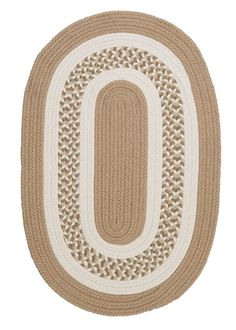 the oval rug is beige and white, with an oval design on the center piece