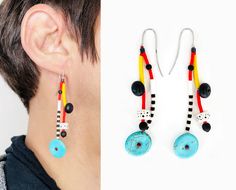 Memphis milano style colorful Silver 925 ear wire Earrings. These earrings are perfect for everyday or special occasion, suit any outfit and style and lighten up your face.  They measure ~6,8x1,4cm (2.7"x0.5") and are made of turquoise, matte black onyx, red, white and black miyuki delica beads and hematite with 925 Silver ear wire attached. PLEASE NOTE: Due to handmade nature of the earrings, they can never be exactly the same. Colors depicted on your screen may be slightly different from the a Artsy Summer Earrings With Ear Wire, Multicolor Dangle Linear Earrings, Funky Drop Earrings With Ear Wire, Handmade Funky Earrings For Summer, Artsy Earrings, Sister In Law Gifts, Memphis Milano, Art Whimsical, Miyuki Delica Beads