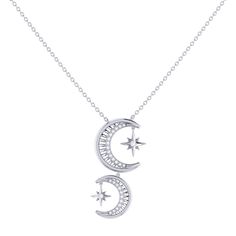 "It's all glitz and glam with the Twin Nights Necklace. Crafted in 925 Sterling Silver, this necklace features 100% natural, genuine diamonds. 0.08 carats of diamonds are used in individual plate prong and collet prong settings. This necklace is also offered in 14 KT Yellow Gold Vermeil, which gives the piece a long-lasting shelf-life. This necklace is 18\" long and uses a cable chain with lobster clasp. The motif is 27.3 mm long and 13 mm wide. This necklace is beautifully presented with the in Celestial Sterling Silver Necklace With Single Cut Diamonds, Celestial Necklaces With Single Cut Diamonds For Anniversary, Celestial Style Necklaces With Single Cut Diamonds For Anniversary, Celestial Necklace With Single Cut Diamonds For Anniversary, Celestial Style Necklace With Single Cut Diamonds For Anniversary, Celestial Silver Diamond Necklace Gift, Celestial Style Silver Diamond Necklace Gift, Celestial Diamond Necklaces For Anniversary, Celestial Necklace With Cubic Zirconia And Diamond Accents