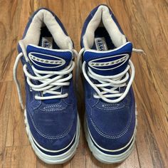 These Are The Iconic 90s Blue Sketchers! Labeled As Size 7 1/2 I Am A Size 6-7 And They Fit Too. Vintage Sketchers Platform Shoes Think Baby Spice Buffalo Shoes Style! 7.5us Size Some Moderate Discoloration Near Ankles And On The Soles. As You Can See In The Video There Is Unglued And Need To Be Repaired. Overall This The Condition You Will Receive Them At And Sales Are Final. Blue Retro Sneakers With Round Toe, Retro Blue Sneakers With Round Toe, Vintage Blue Sneakers With Round Toe, 90s Sketchers, Buffalo Shoes, Baby Spice, Iconic 90s, Skechers Shoes, Platform Shoes