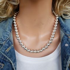 "Beautiful!   Statement silver necklace. Classic but simple everyday wear all 10mm sterling silver bead necklace.      All lengths are approximate due to size of these LARGE beads. .925 sterling silver - NOT COATED or PLATED. Comes with 2\" heavy duty adjustable extender chain. 🚩🚩 Length is NOT measured bead to bead.  🚩Length is measured from tip end of clasp hooked to FIRST link of extender chain. Total length is clasp hooked to LAST link of extender chain.  EXAMPLE:  16\" is clasp hooked to Classic Beaded Necklaces With Round Beads For Everyday, Classic Beaded Necklaces With Round Beads, Classic Sterling Silver Beaded Necklace, Silver Single Strand Everyday Beaded Necklace, Classic Sterling Silver Beaded Necklaces With Polished Beads, Classic Sterling Silver Necklaces With 8mm Beads, Everyday Silver Necklace With Polished Beads, Classic Sterling Silver Necklace With 8mm Beads, Sterling Silver Necklaces With Round Beads For Everyday