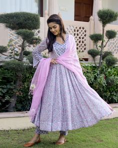 Cotton Pink & Purple Hand Block Print Anarkali Kurta Set - Ria Fashions Bollywood Style Cotton Salwar Kameez Ankle-length, Bollywood Style Cotton Ankle-length Salwar Kameez, Cotton Ankle-length Dupatta For Navratri, Cotton Ankle-length Sets For Navratri, Ankle-length Cotton Dupatta For Navratri, Ankle-length Cotton Sets For Navratri, Transitional Long Sleeve Cotton Churidar, Festive Cotton Anarkali Set Ankle-length, Cotton Ankle-length Salwar Kameez With Dupatta