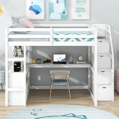 a white loft bed with desk underneath it