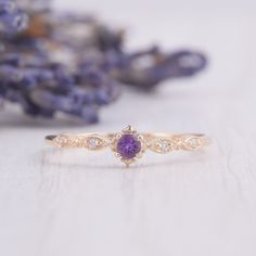 14k yellow gold dainty victorian purple amethyst promise ring for her, Small & tiny vintage style art deco amethyst womens engagement ring WE OFFER UNLIMITED PERIOD INSTALLMENTS PLAN This is a beautiful, stunning, feminine ring that works well for all occasions, styles, and ages. You will love it! Ring information: Main stone: Amethyst Approximate size: 2.5mm Accent stones: Cubic zirconia Approximate size: 1.25mm (4 stones) Metal type: Gold Metal stamp: 14k Gold Installment Payments We offer Gold Ring Purple Stone, Purple Rings Simple, Dainty Amethyst Ring, Purple Promise Ring, Engagement Rings With Amethyst, Purple And Gold Ring, Tangled Promise Ring, Amethyst Promise Ring, Purple Diamond Ring In 14k Gold