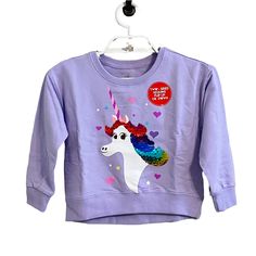 New With Tags Girls Disney Parks Purple Rainbow Unicorn Flip Sequin Sweatshirt Sz Xs Purple Long Sleeve Cartoon Print Sweatshirt, Purple Long Sleeve Sweatshirt With Cartoon Print, Casual Purple Sweatshirt With Cartoon Print, Pink Unicorn Print Long Sleeve Top, Pink Long Sleeve Tops With Unicorn Print, Pink Long Sleeve Top With Unicorn Print, Cute Long Sleeve Purple T-shirt, Purple Long Sleeve Top With Character Print, Purple Cotton Top With Character Print