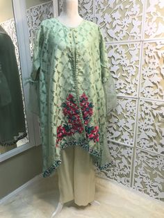 Very chic mint green jamawar on organza jacket, with bell sleeves and floral embroidery, it comes with silk matching inner, and ivory bell bottom. Brand: Bonita, Chen One Shipping USPS 2 day Spring Green Embroidered Palazzo Set, Spring Festive Green Palazzo Set, Green Designer Dupatta For Spring, Spring Floral Embroidery Raw Silk Palazzo Set, Spring Embroidered Silk Anarkali Set, Spring Silk Embroidered Anarkali Set, Designer Green Kurta For Spring, Green Long Sleeve Palazzo Set For Festive Occasion, Festive Pista Green Palazzo Set For Spring