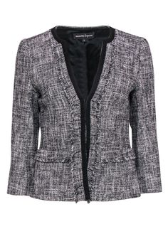 Current Boutique-Nanette Lepore - Black & White Marbled Tweed Fringed Jacket Sz 4 Black And White Tweed Jacket, Luxury Double-breasted Houndstooth Tweed Jacket, Fringed Jacket, Trim Waist, Luxury Long-sleeve Houndstooth Blazer, Black Houndstooth Button-up Outerwear, Collared Sweater, Nanette Lepore Dress, French Girl Chic