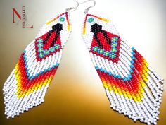 Art Perle, Indigenous Women, Beaded Earrings Diy, Tiny Beads, White Cherries, Gold Alloys, Red Orange Yellow, Miyuki Beads, American People