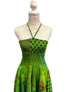 Brand New with tags by Festival StallOne size UK 8 10 12 14Green Patchwork pixie hem halter neck dressGet summer ready with this great little dress, beautifully made with in patchwork, with a fully smocked bodice and halter neck, flattering pixie hem. Length from top of bodice to longest point on hem is 42in (107cm)100% cottonCool handwash Green Hippie Summer Dress, Fitted Green Hippie Dresses, Bohemian Multicolor Halter Neck Dress, Fitted Bohemian Patchwork Dress, Green Sleeveless Patchwork Dress, Sleeveless Patchwork Dress For Festivals, Sleeveless Green Patchwork Dress, Green Sleeveless Dress With Patchwork, Fitted Hippie Dress With Patchwork